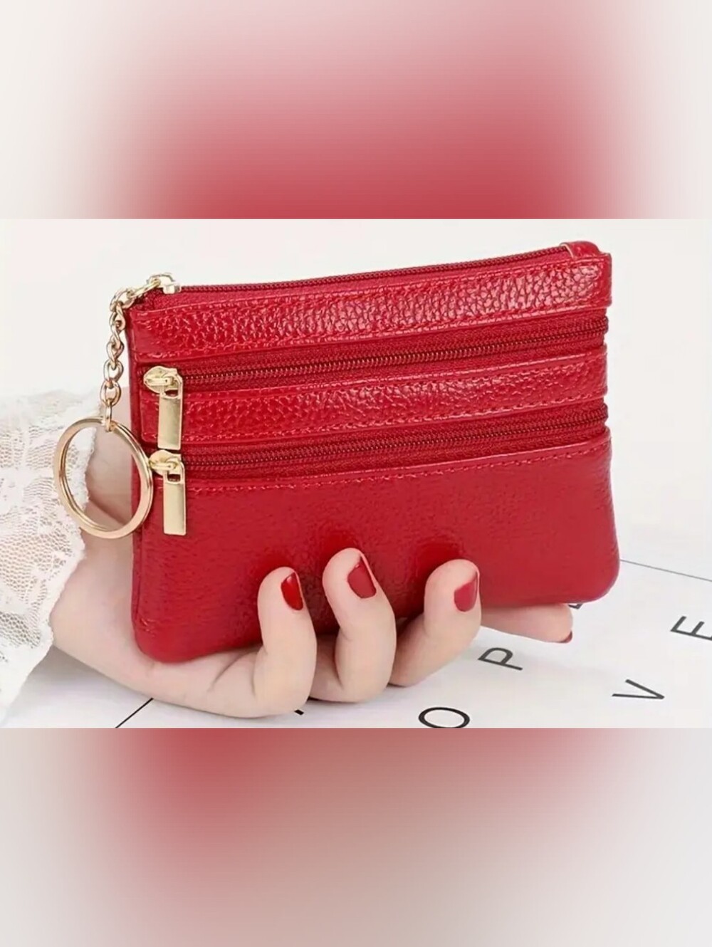 👛New UNISEX Red Genuine PU Leather Mini Triple Zip Coin Pouch👛
